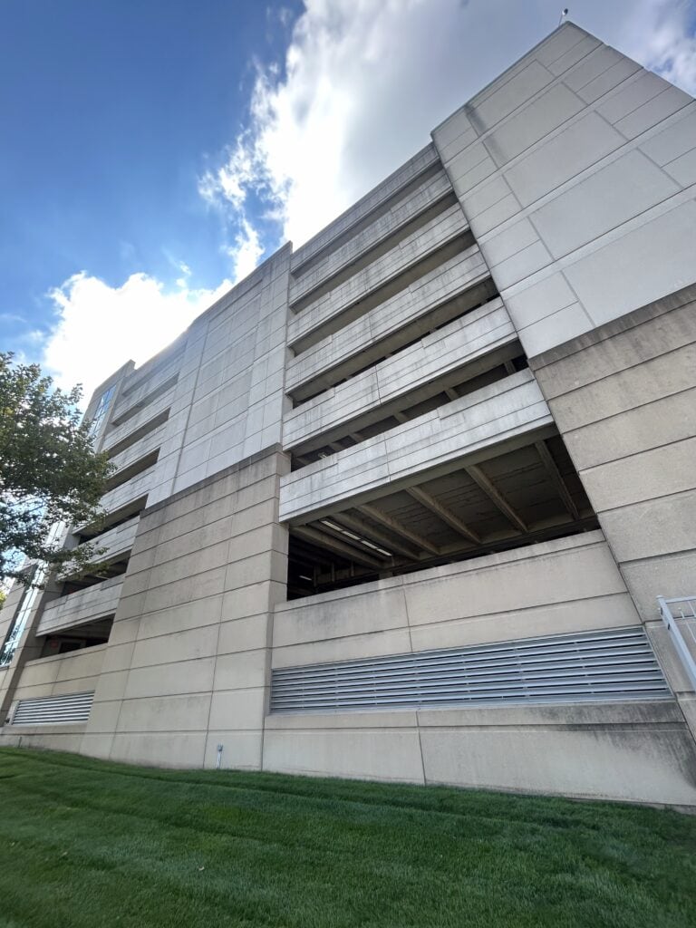High-rise parking garage exterior before KC Splash cleaning, Kansas City