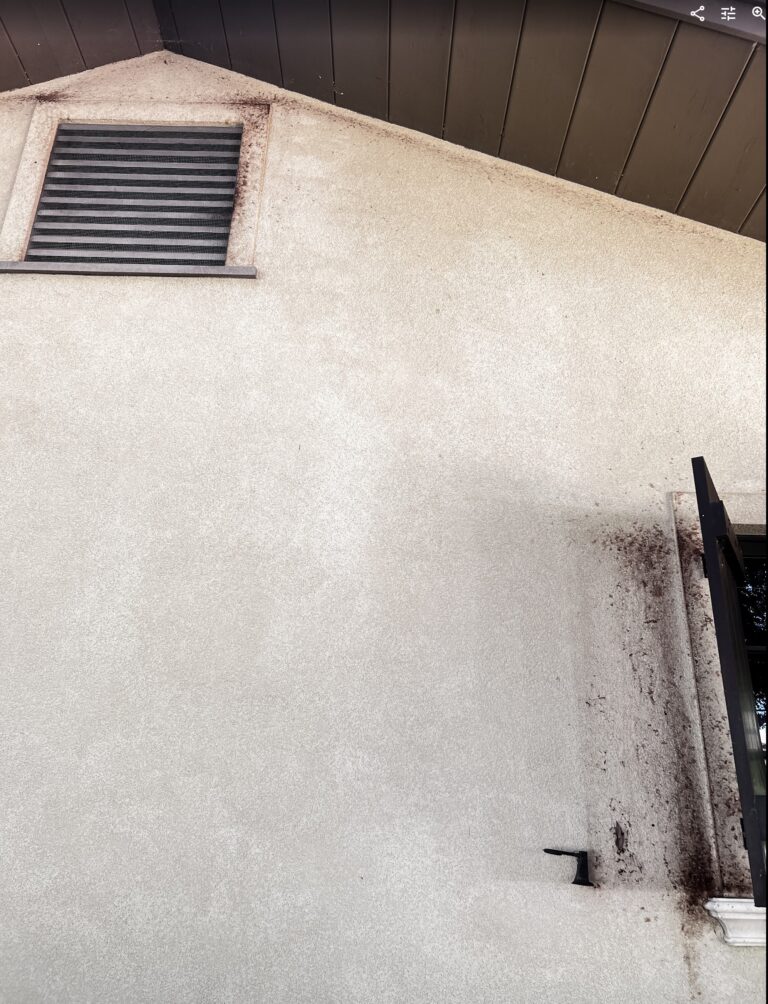 Close-up of algae and organic staining on stucco exterior before soft washing at a Mission Hills KS estate