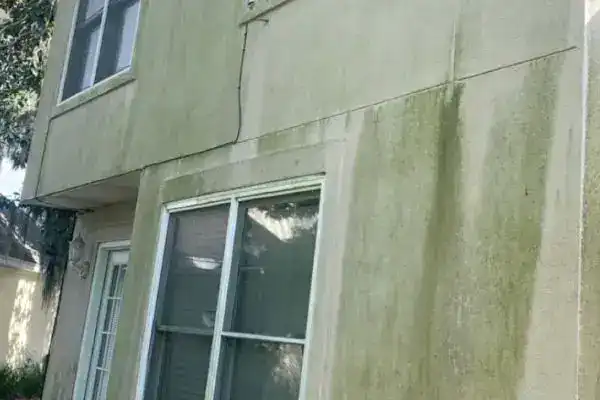 Algae-stained stucco before a house wash in Kansas City